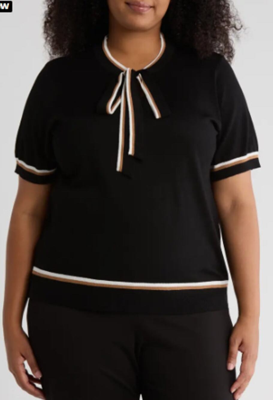 Adrianna Papell Double Tipped Tie Neck Sweater Black Ivory Camel Womens XL NWT - Picture 1 of 9